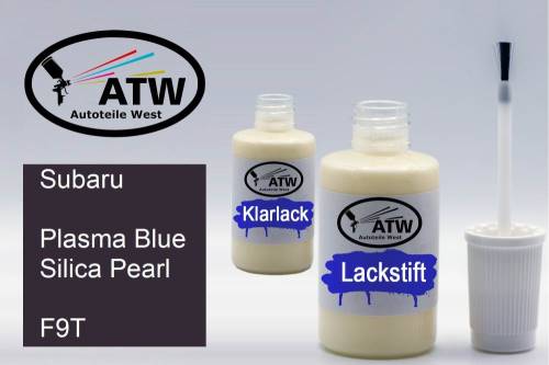 Subaru, Plasma Blue Silica Pearl, F9T: 20ml Lackstift + 20ml Klarlack - Set, von ATW Autoteile West.